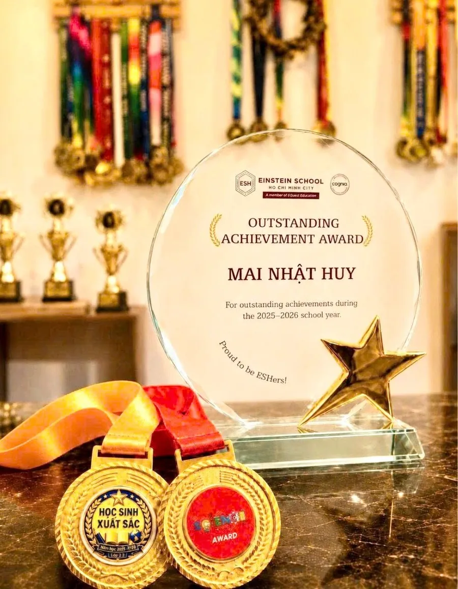 Kỉ niệm chương Outstanding Achievement Award của trường Einstein dành cho Nhật Huy năm lớp 2
